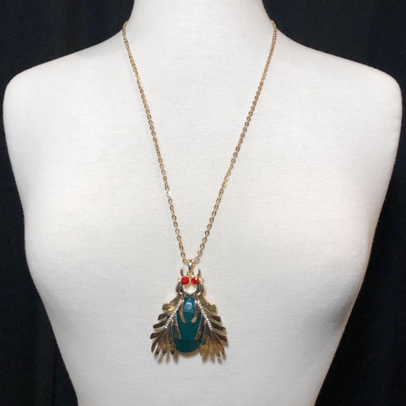 Long Green Scarab Beetle Egyptian Style Necklace - Picture 3 of 3